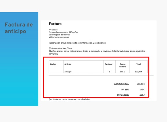 factura por anticipo